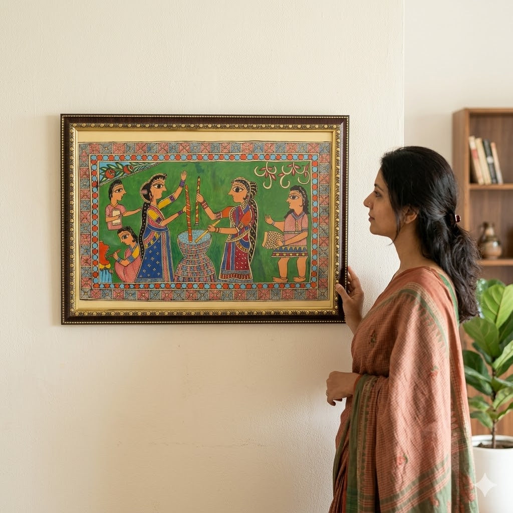 Traditional Madhubani Ritual Painting for Luxury Decor, Handcrafted Madhubani folk art featuring ceremonial women