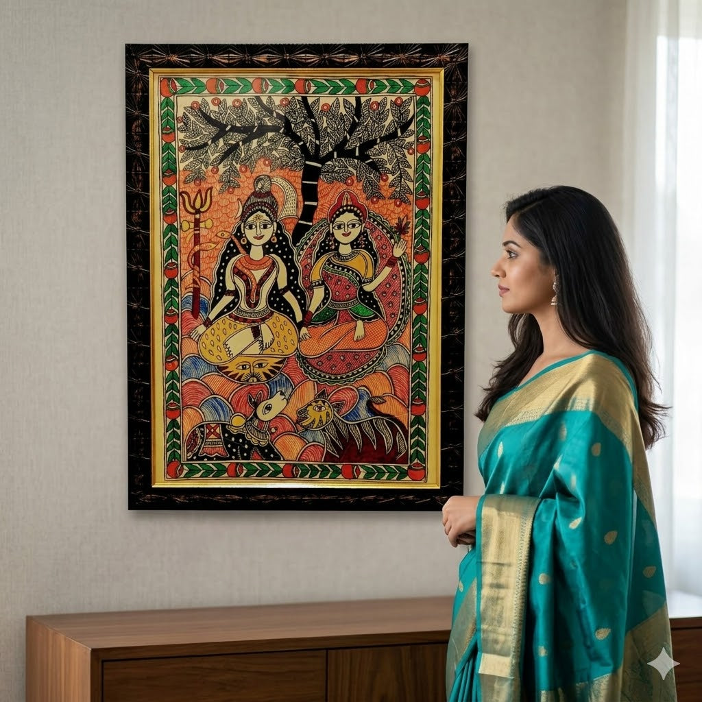 Madhubani Painting of Shiva and Parvati Under the Sacred Tree