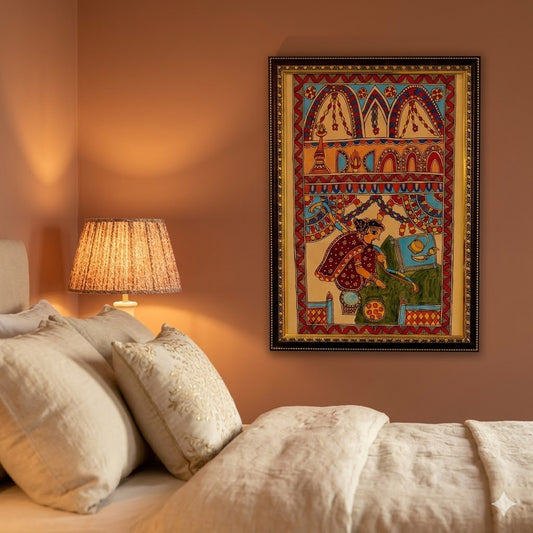 Handcrafted Madhubani folk artwork featuring ceremonial motifs, festive detailing, and traditional Indian storytelling aesthetics