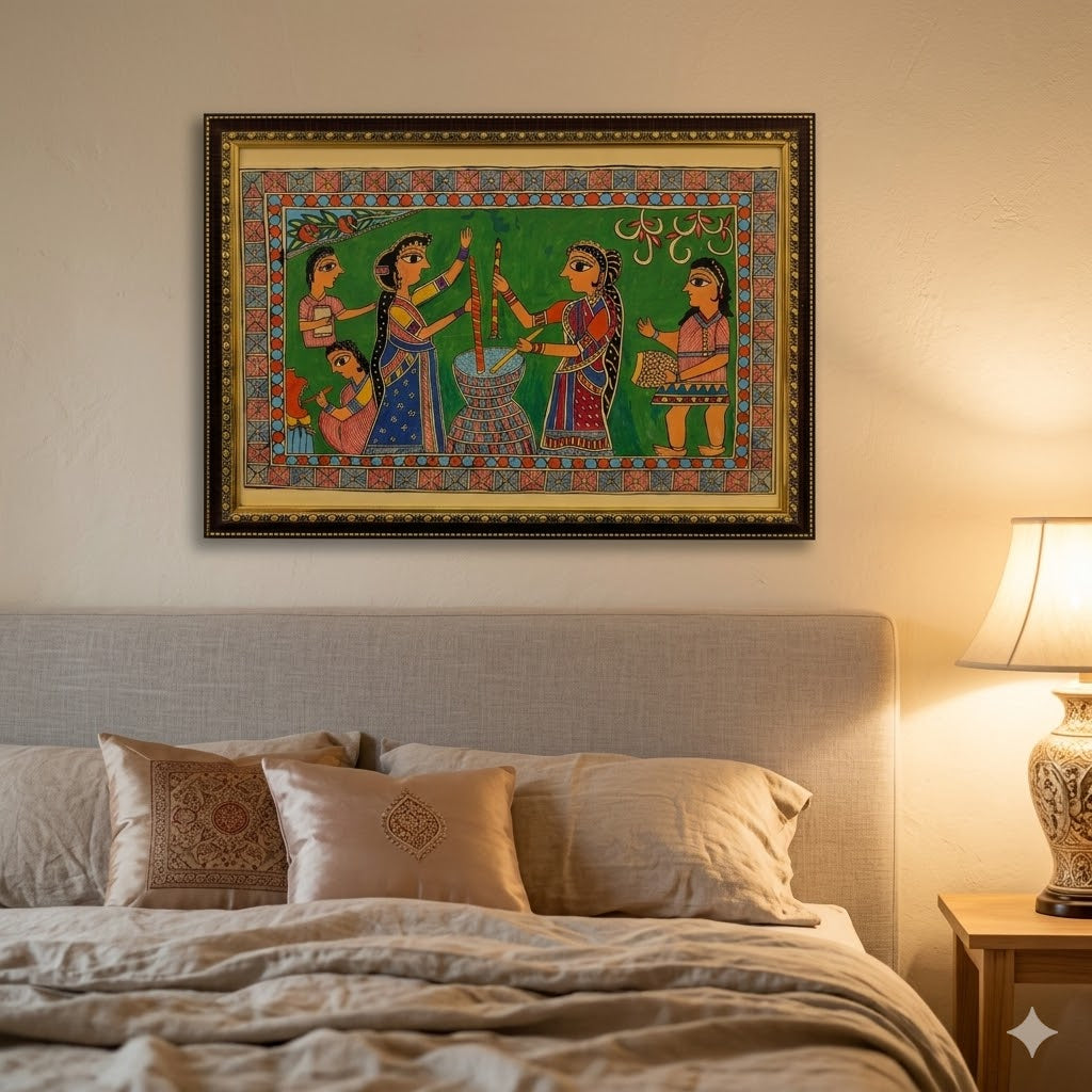 Traditional Madhubani Ritual Painting for Luxury Decor, Handcrafted Madhubani folk art featuring ceremonial women