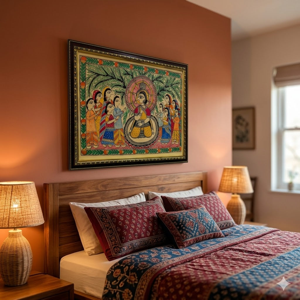 Handcrafted Madhubani artwork featuring ceremonial figures, bamboo motifs, and intricate Indian folk detailing for elegant interiors.