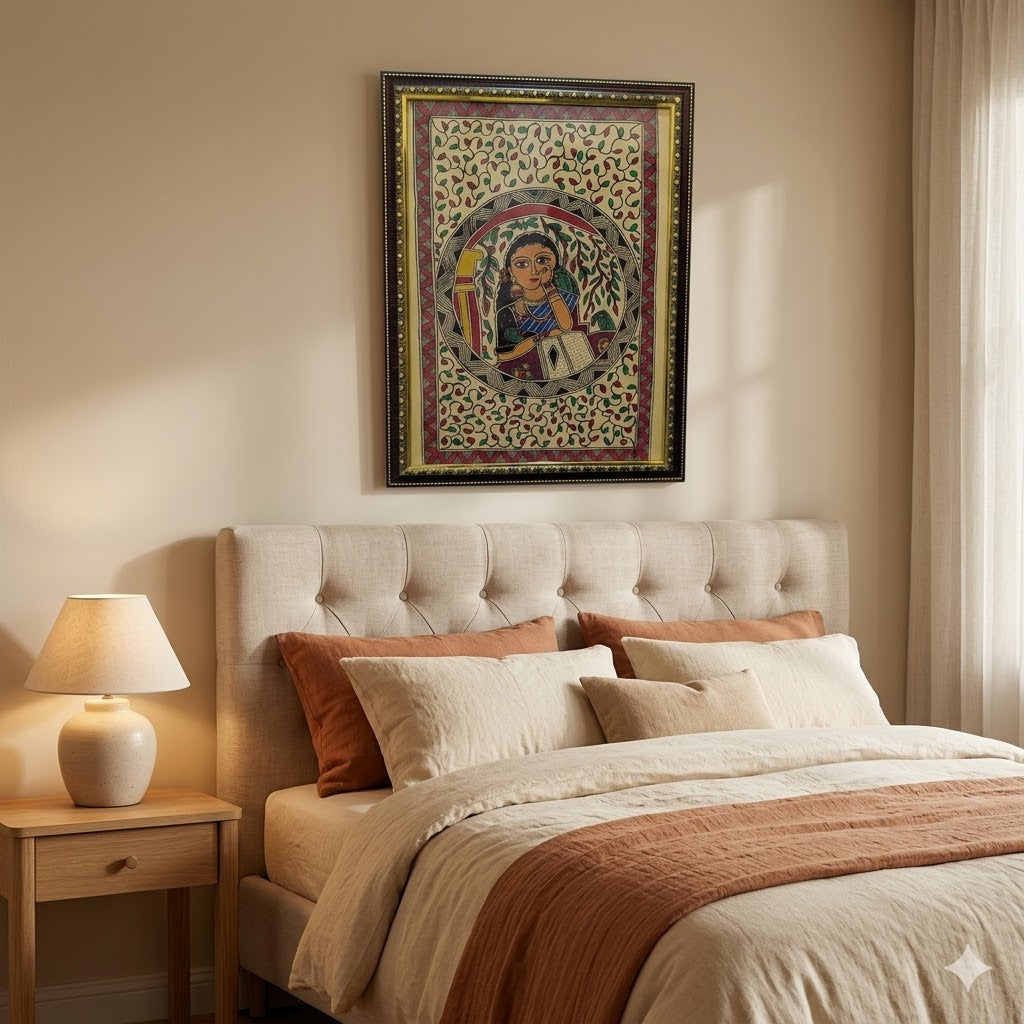 Traditional Madhubani painting featuring a contemplative woman, birds, and intricate botanical motifs for luxury interiors.