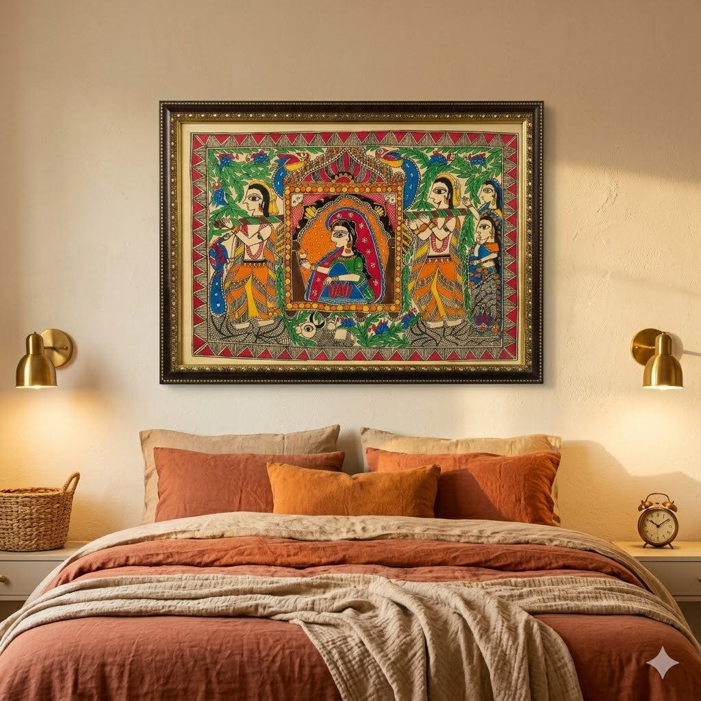 Handcrafted Madhubani-style painting featuring royal figures, birds, and folk motifs