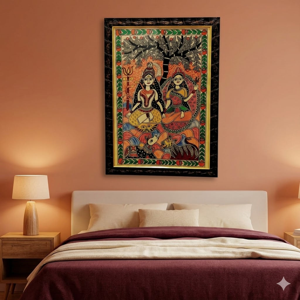 Madhubani Painting of Shiva and Parvati Under the Sacred Tree