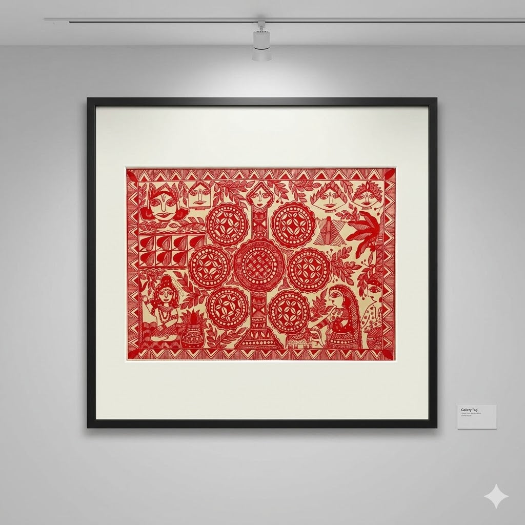 Red Monochrome Madhubani Tree of Life