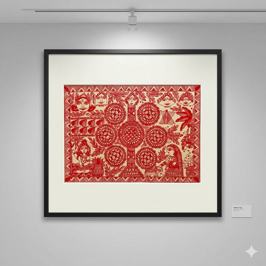 Red Monochrome Madhubani Tree of Life