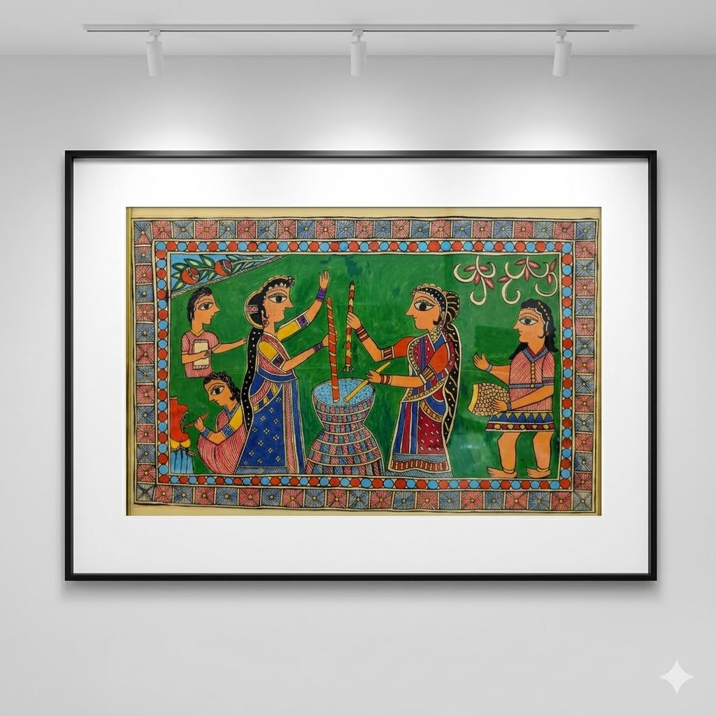 Traditional Madhubani Ritual Painting for Luxury Decor, Handcrafted Madhubani folk art featuring ceremonial women