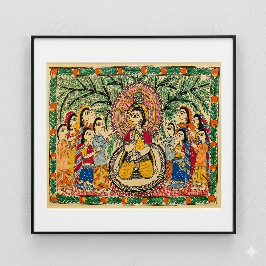 Handcrafted Madhubani artwork featuring ceremonial figures, bamboo motifs, and intricate Indian folk detailing for elegant interiors.