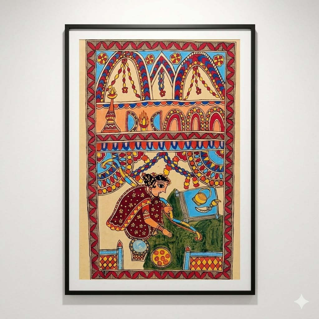 Handcrafted Madhubani folk artwork featuring ceremonial motifs, festive detailing, and traditional Indian storytelling aesthetics