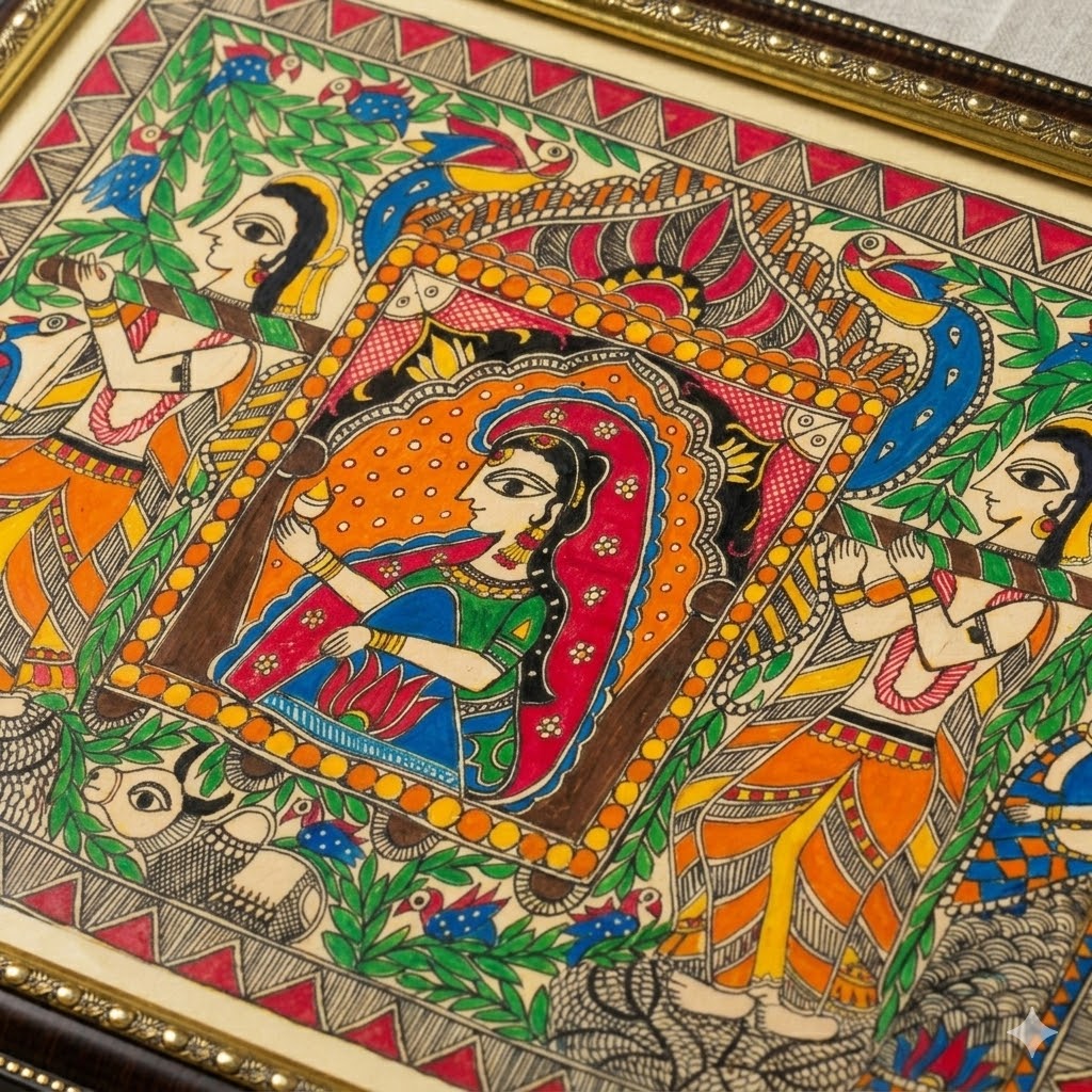 Handcrafted Madhubani-style painting featuring royal figures, birds, and folk motifs