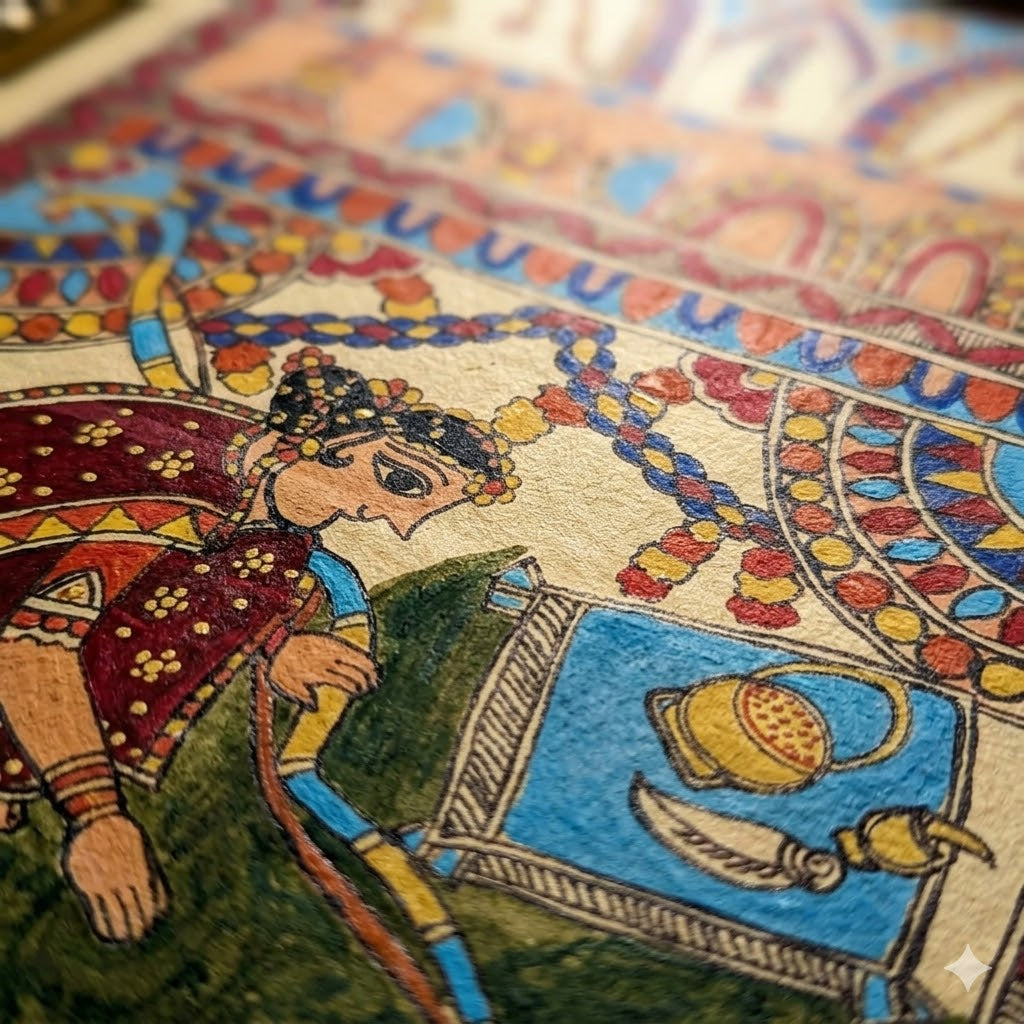 Handcrafted Madhubani folk artwork featuring ceremonial motifs, festive detailing, and traditional Indian storytelling aesthetics