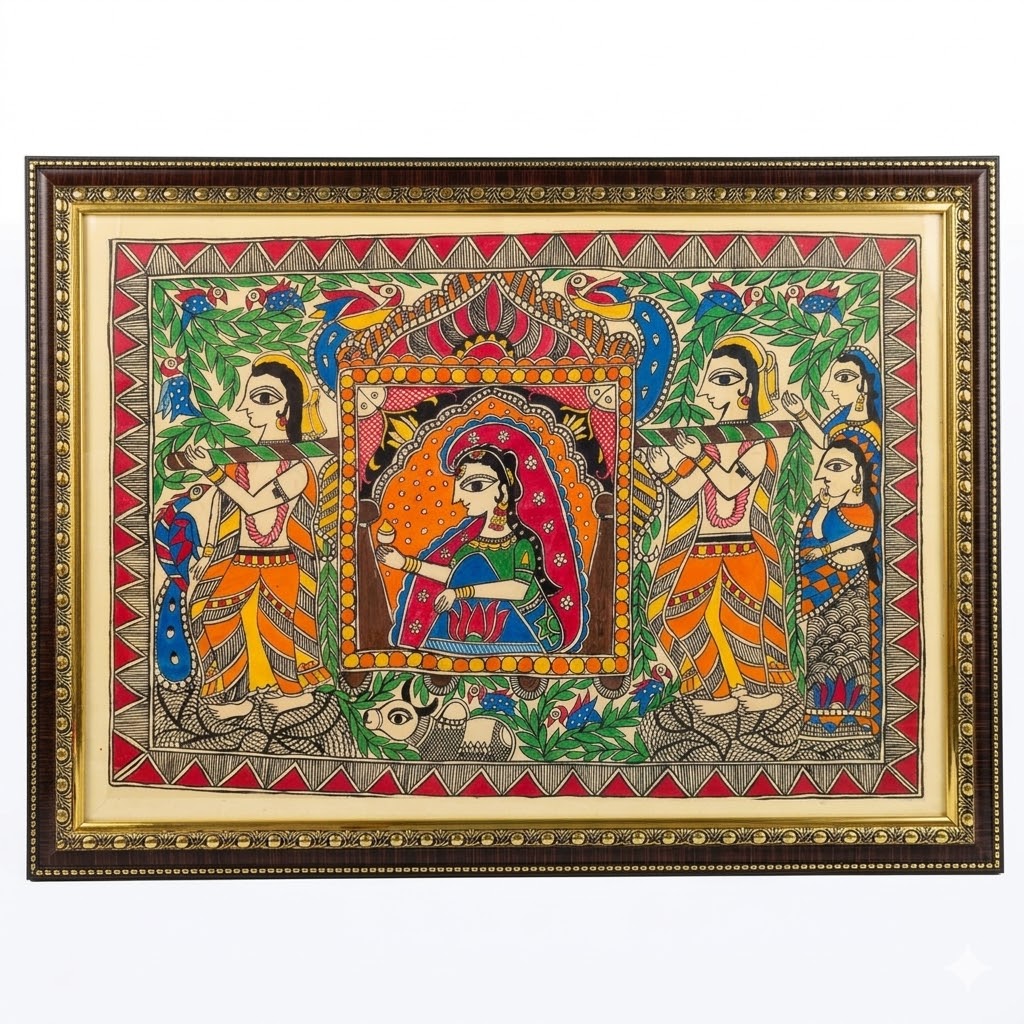 Handcrafted Madhubani-style painting featuring royal figures, birds, and folk motifs
