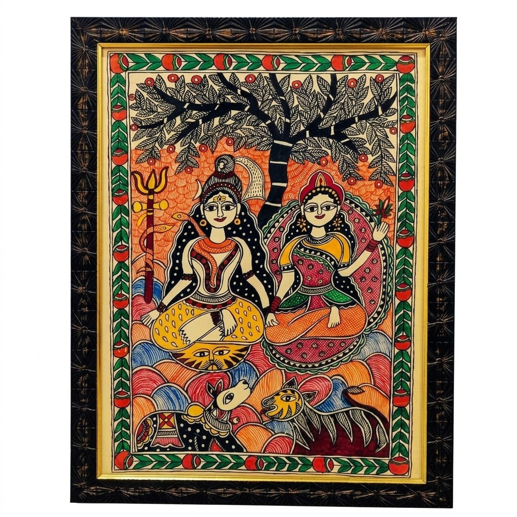 Madhubani Painting of Shiva and Parvati Under the Sacred Tree