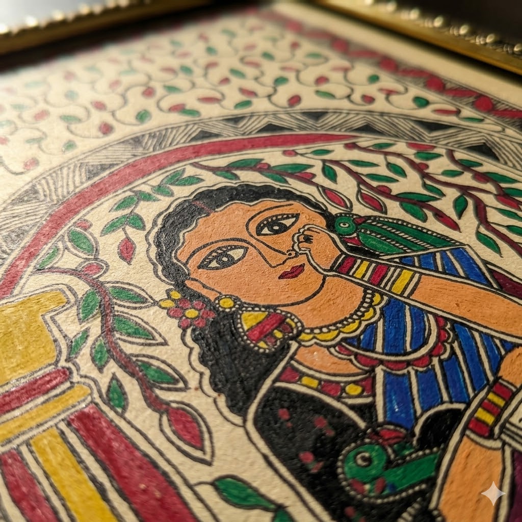 Traditional Madhubani painting featuring a contemplative woman, birds, and intricate botanical motifs for luxury interiors.