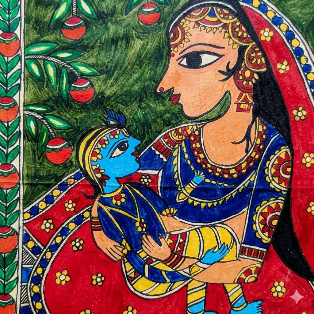 Yashoda Cradling Krishna in Madhubani Style