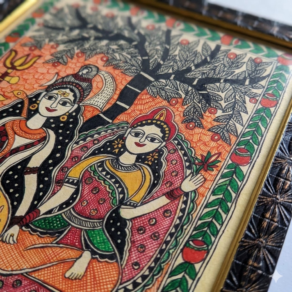Madhubani Painting of Shiva and Parvati Under the Sacred Tree