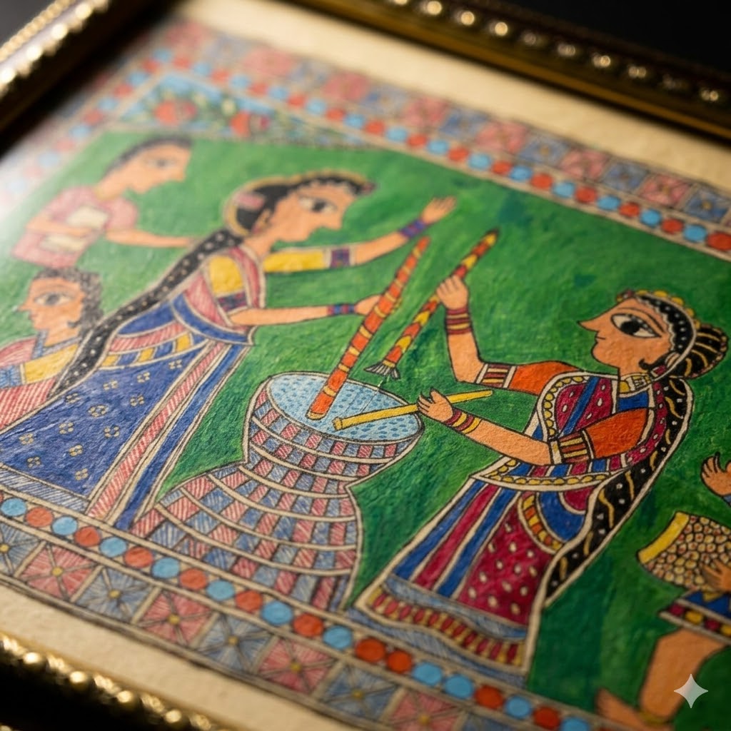 Traditional Madhubani Ritual Painting for Luxury Decor, Handcrafted Madhubani folk art featuring ceremonial women
