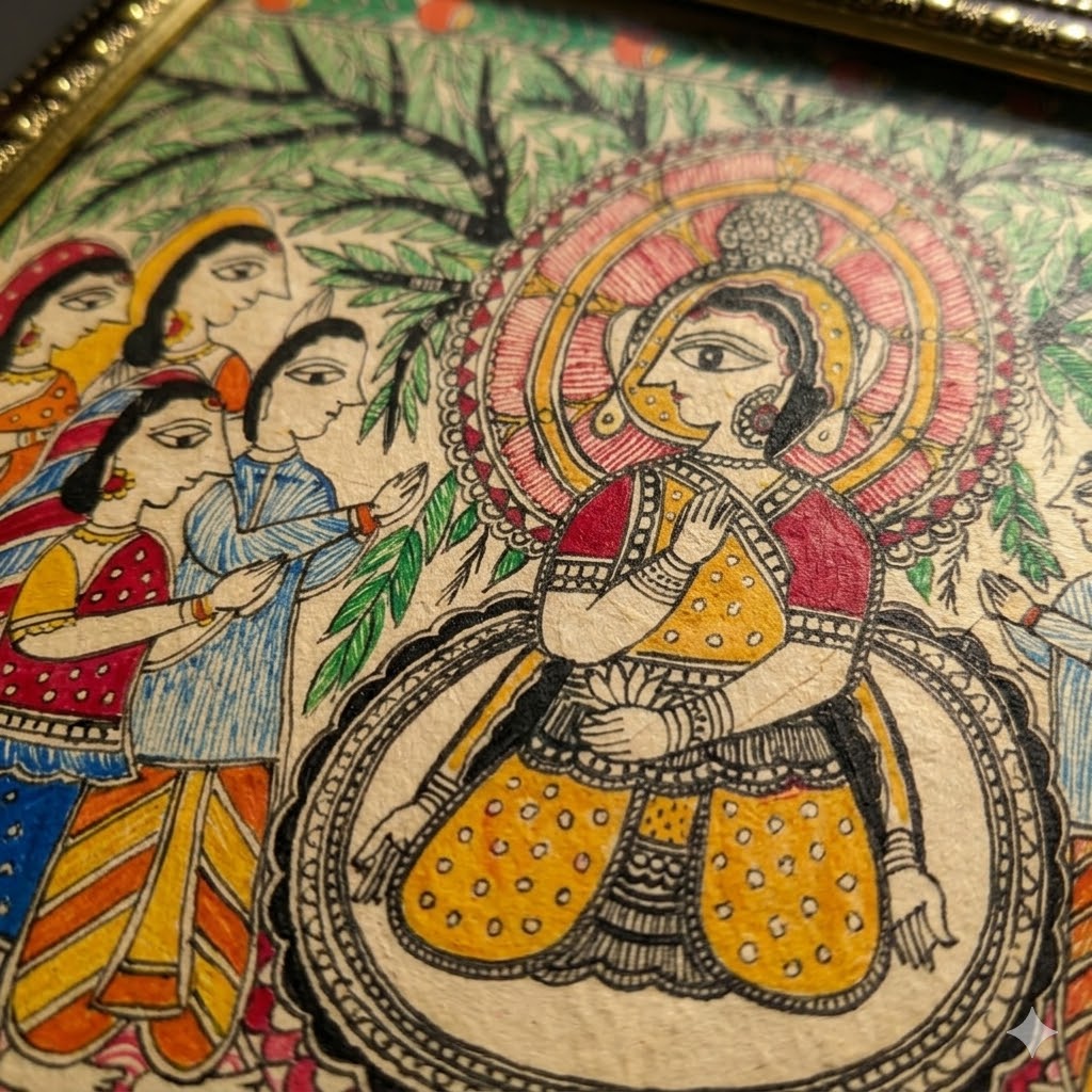 Handcrafted Madhubani artwork featuring ceremonial figures, bamboo motifs, and intricate Indian folk detailing for elegant interiors.
