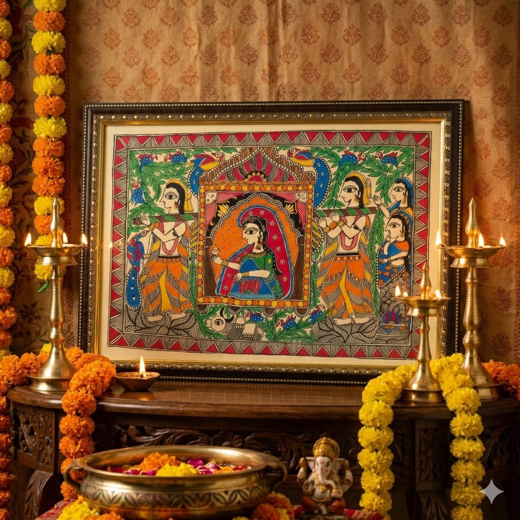 Handcrafted Madhubani-style painting featuring royal figures, birds, and folk motifs