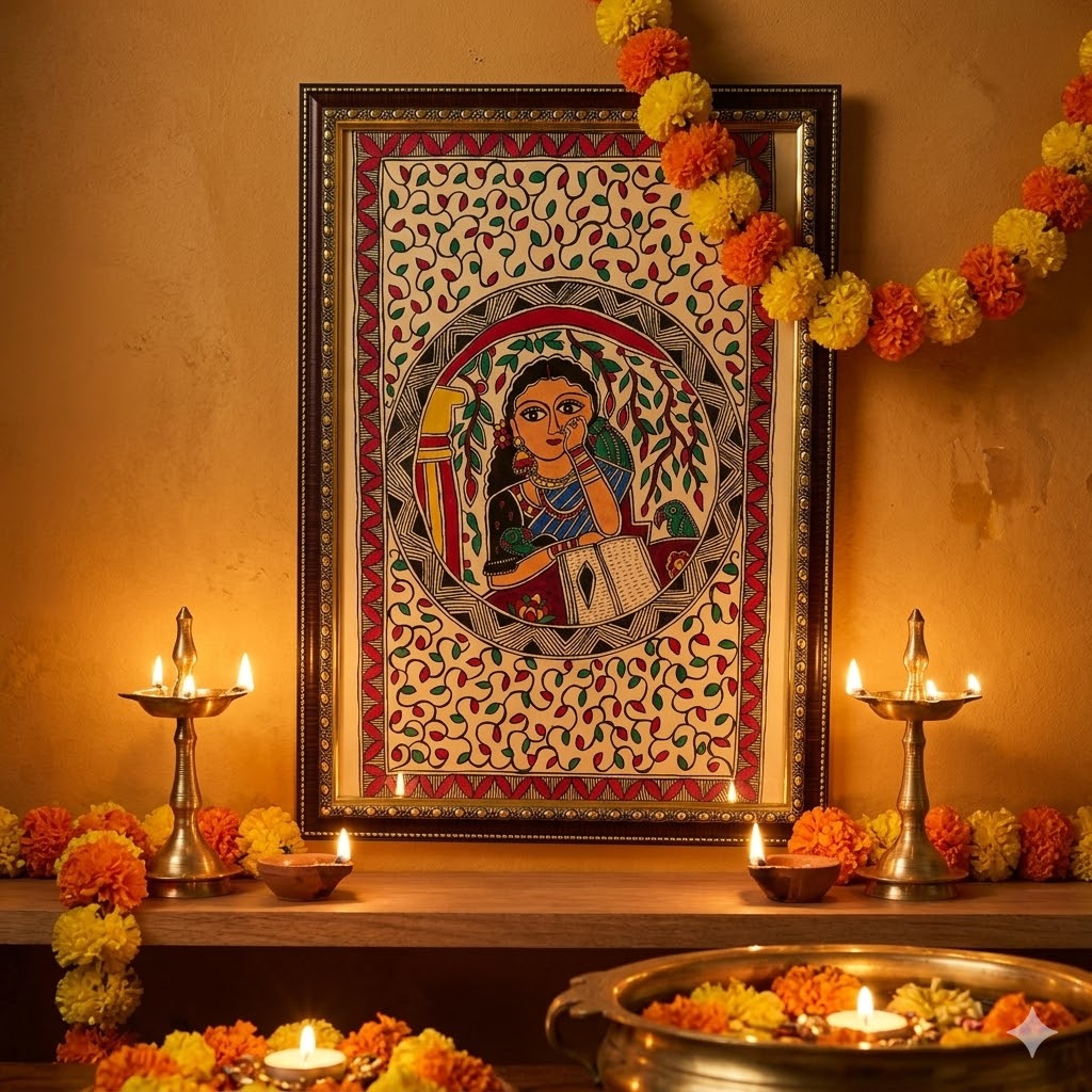Traditional Madhubani painting featuring a contemplative woman, birds, and intricate botanical motifs for luxury interiors.