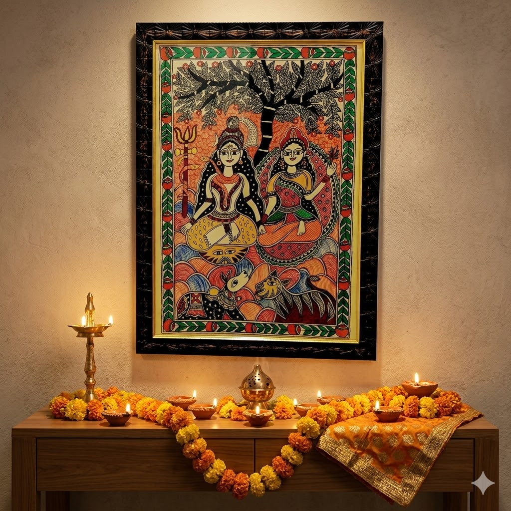 Madhubani Painting of Shiva and Parvati Under the Sacred Tree