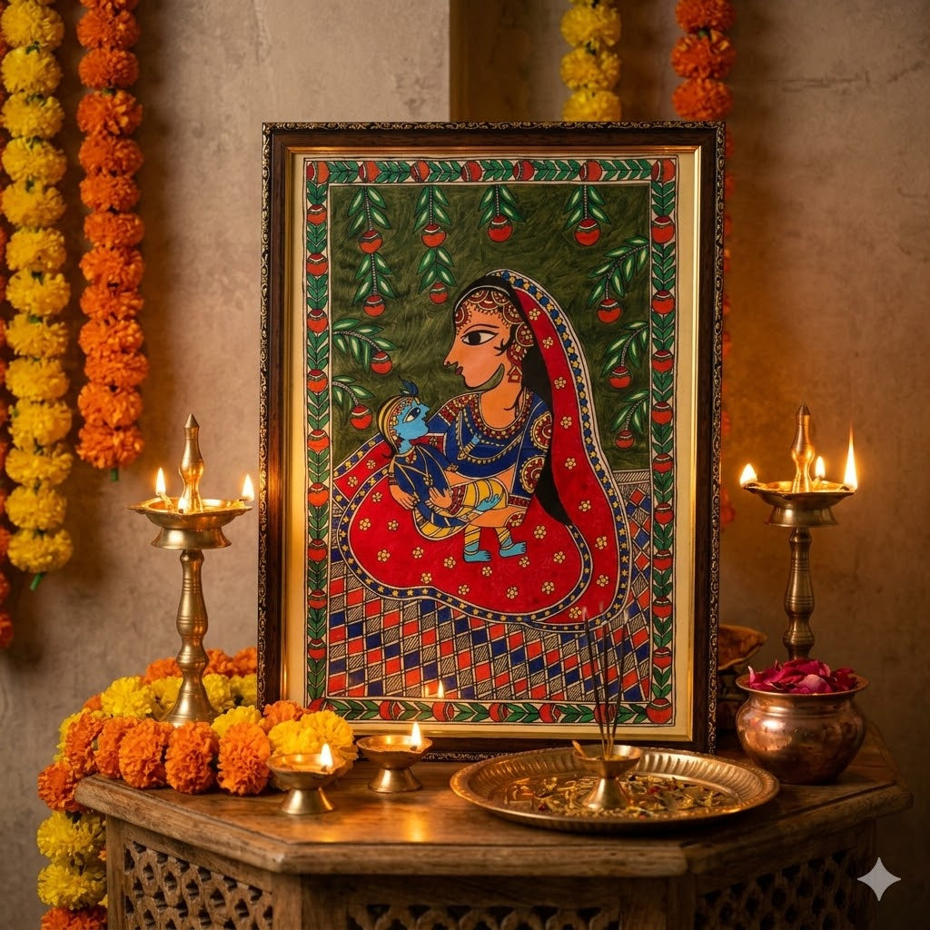 Yashoda Cradling Krishna in Madhubani Style