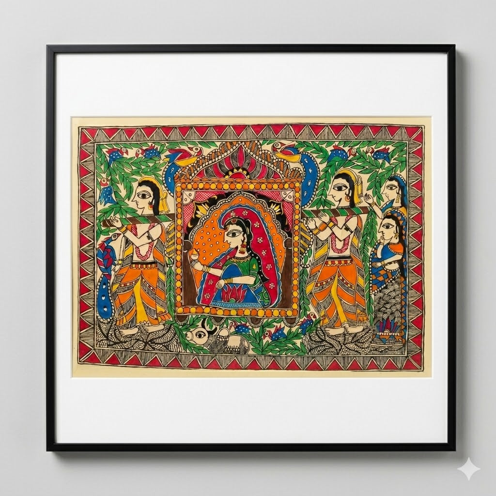 Handcrafted Madhubani-style painting featuring royal figures, birds, and folk motifs