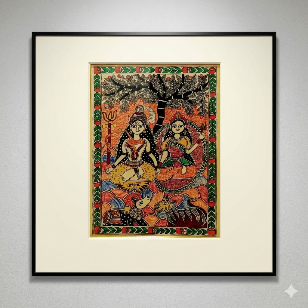 Madhubani Painting of Shiva and Parvati Under the Sacred Tree