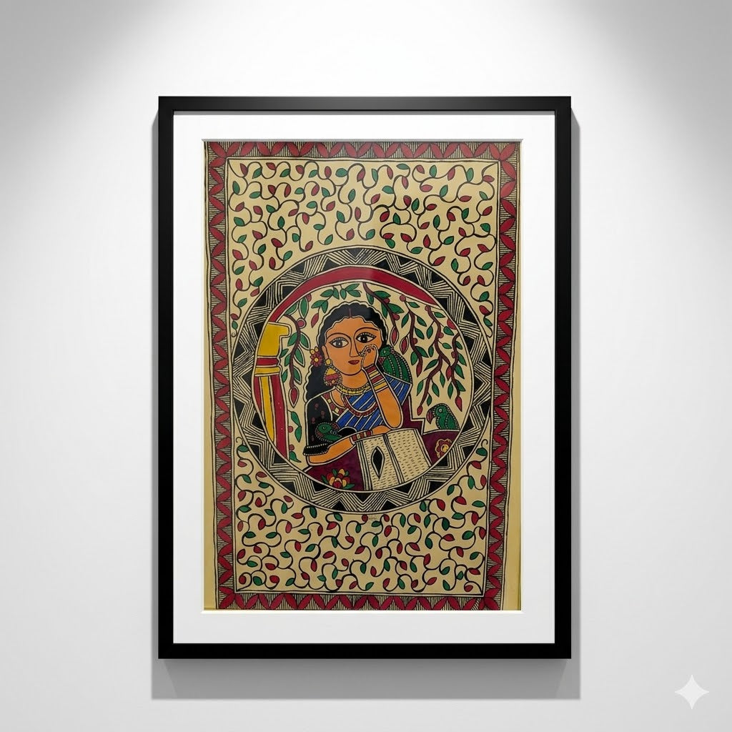 Traditional Madhubani painting featuring a contemplative woman, birds, and intricate botanical motifs for luxury interiors.