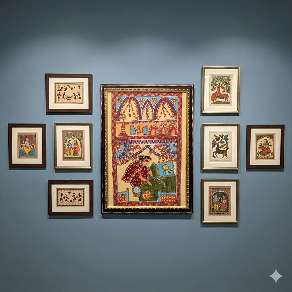 Handcrafted Madhubani folk artwork featuring ceremonial motifs, festive detailing, and traditional Indian storytelling aesthetics