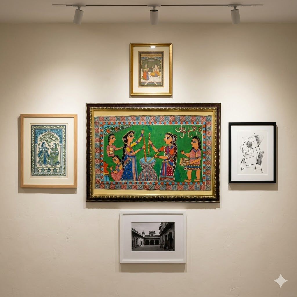 Traditional Madhubani Ritual Painting for Luxury Decor, Handcrafted Madhubani folk art featuring ceremonial women