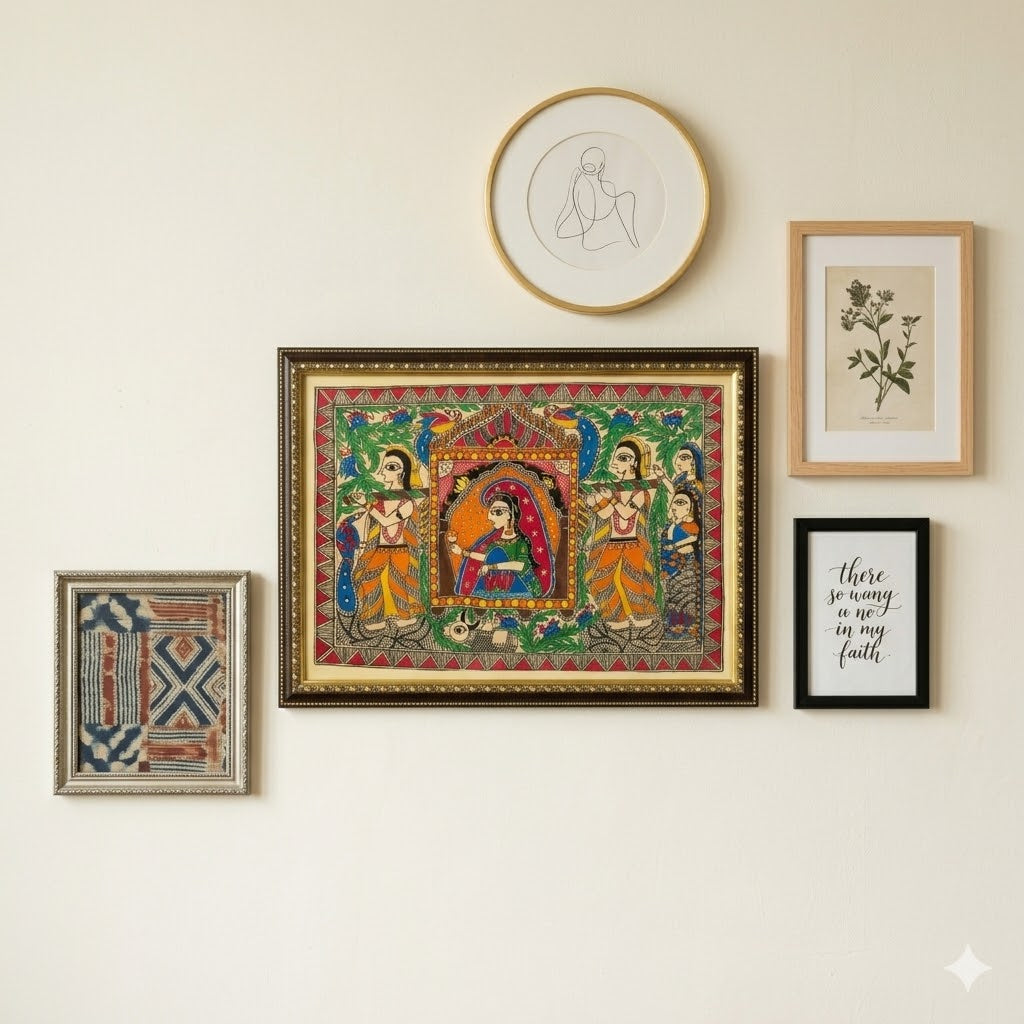 Handcrafted Madhubani-style painting featuring royal figures, birds, and folk motifs