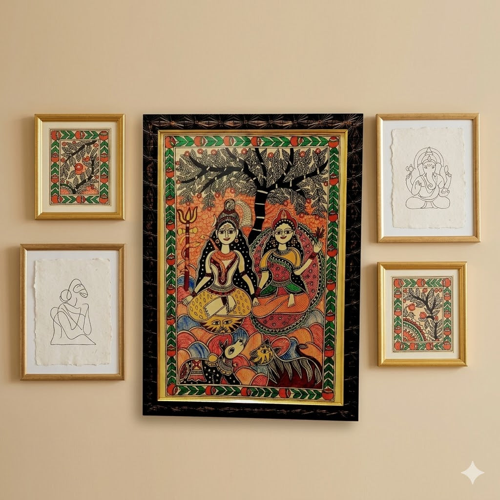Madhubani Painting of Shiva and Parvati Under the Sacred Tree
