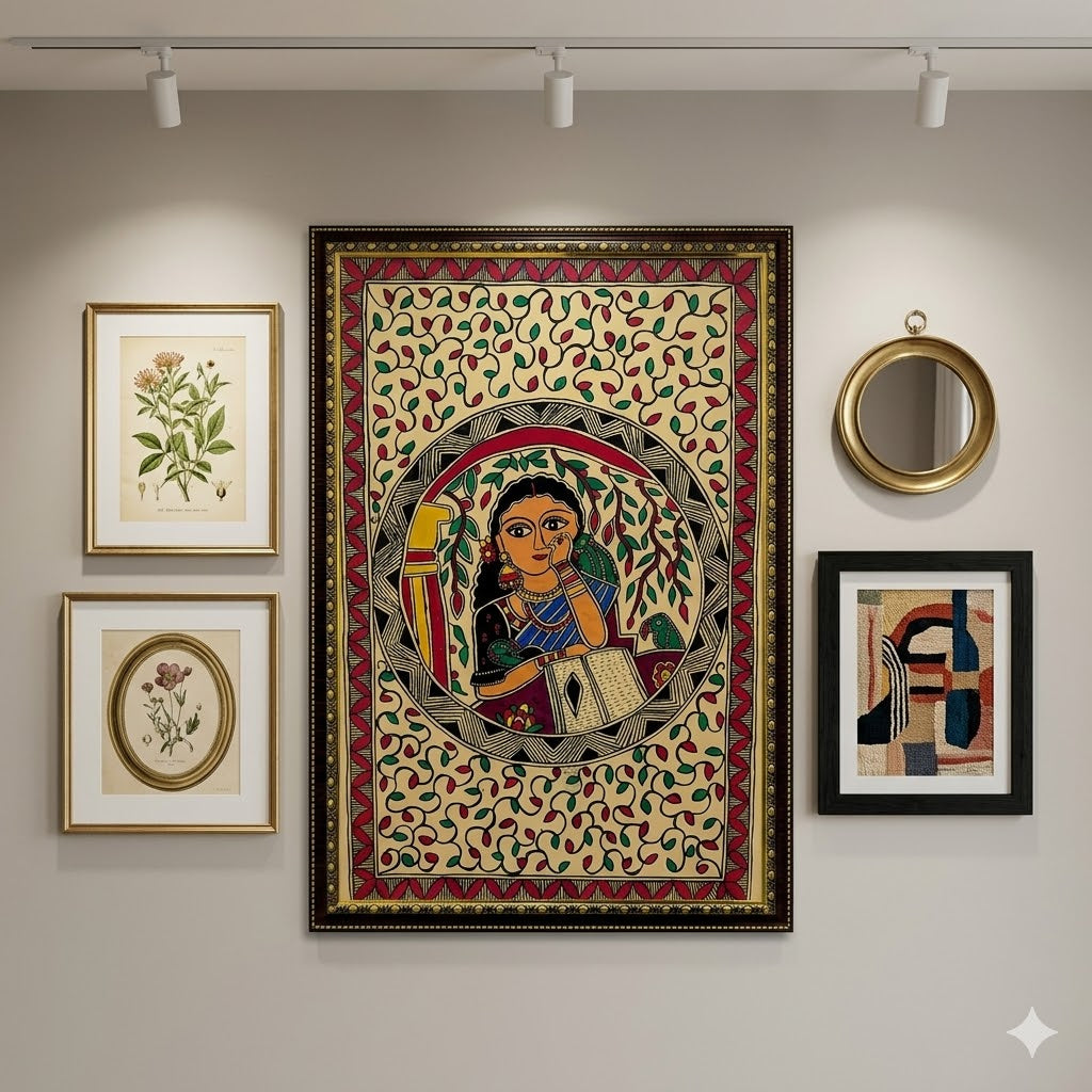 Traditional Madhubani painting featuring a contemplative woman, birds, and intricate botanical motifs for luxury interiors.