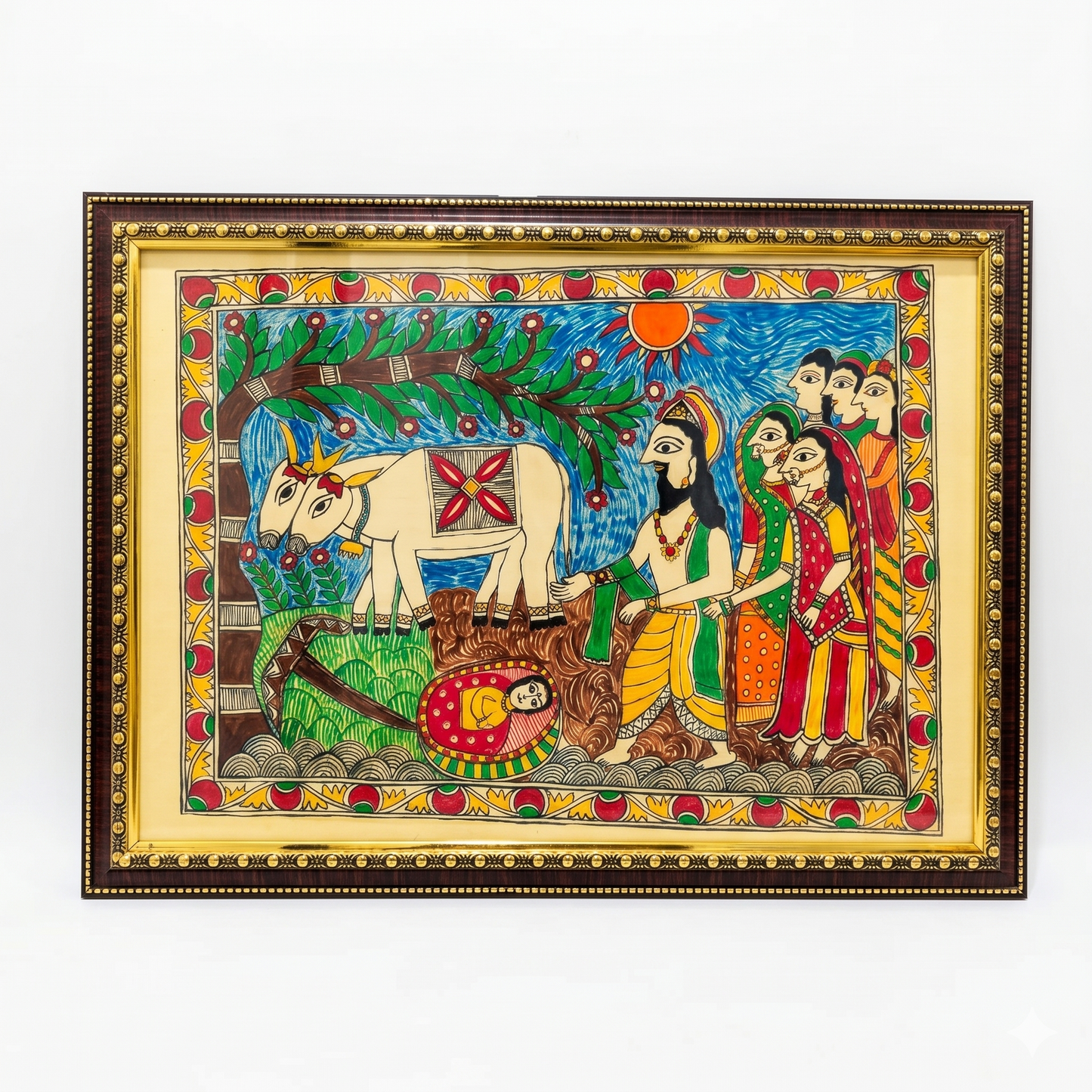 Handcrafted Madhubani Village Scene Painting – Mithila Folk Art Wall Decor | Cultural Storytelling Artwork