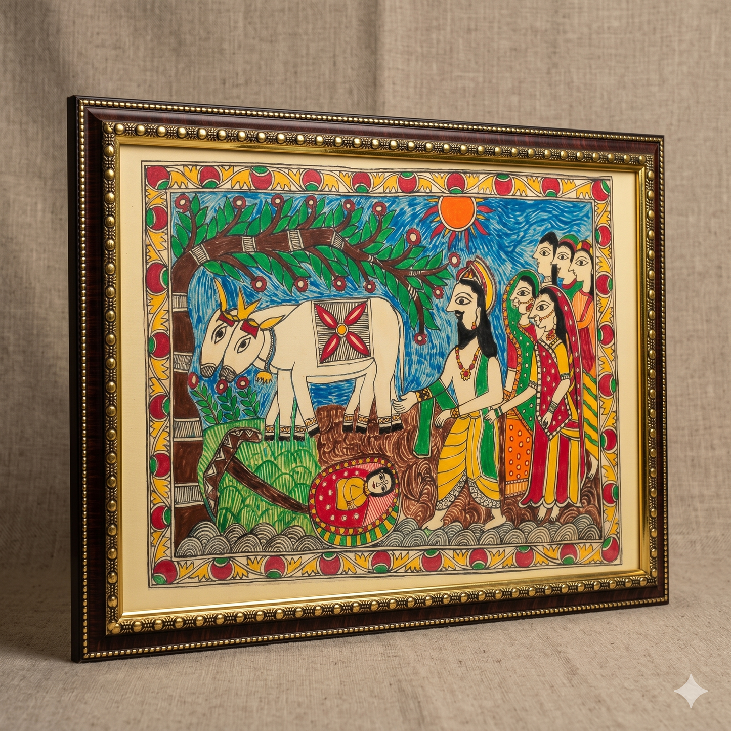 Handcrafted Madhubani Village Scene Painting – Mithila Folk Art Wall Decor | Cultural Storytelling Artwork