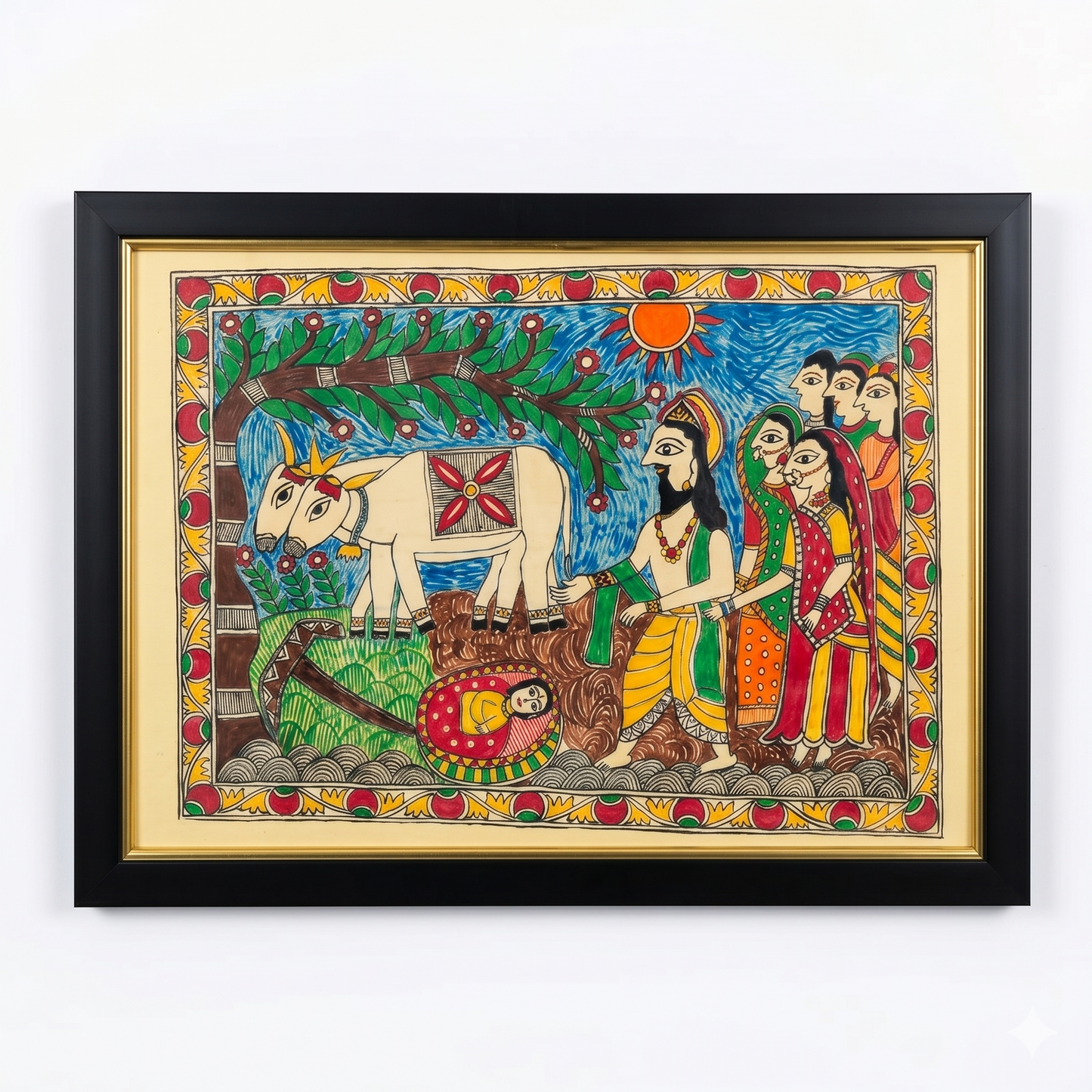Handcrafted Madhubani Village Scene Painting – Mithila Folk Art Wall Decor | Cultural Storytelling Artwork