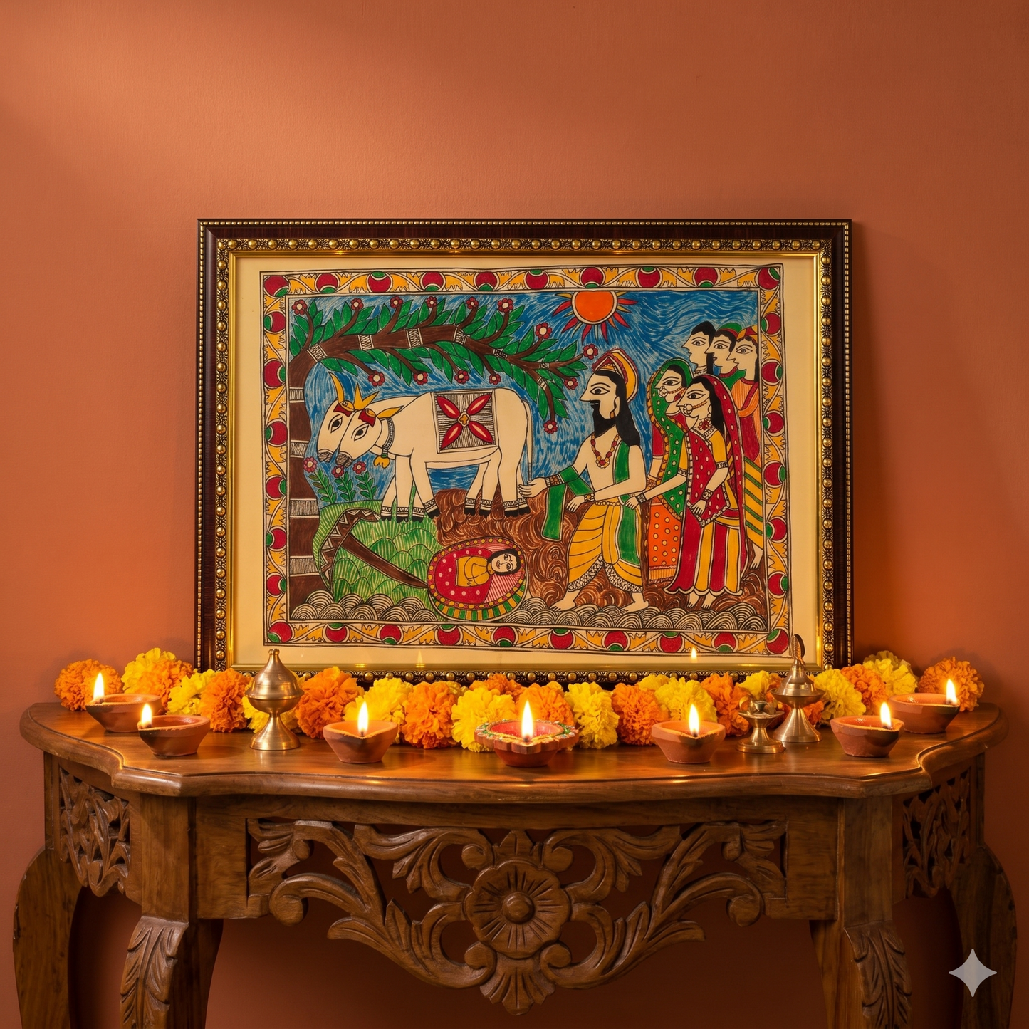 Handcrafted Madhubani Village Scene Painting – Mithila Folk Art Wall Decor | Cultural Storytelling Artwork