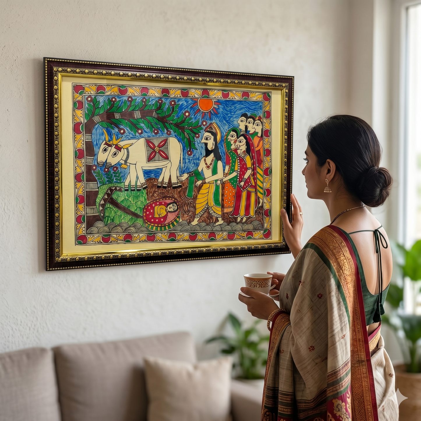 Handcrafted Madhubani Village Scene Painting – Mithila Folk Art Wall Decor | Cultural Storytelling Artwork