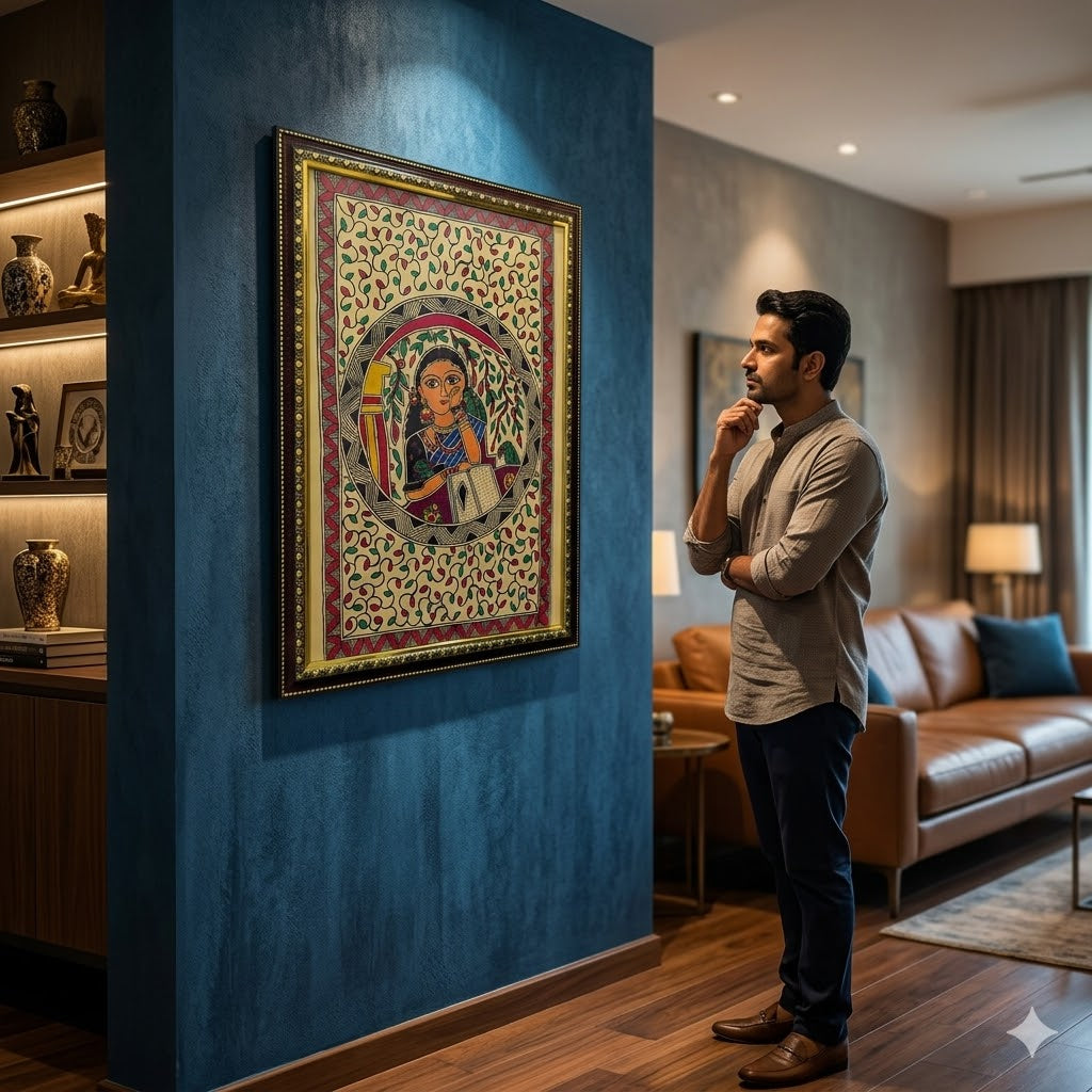 Traditional Madhubani painting featuring a contemplative woman, birds, and intricate botanical motifs for luxury interiors.