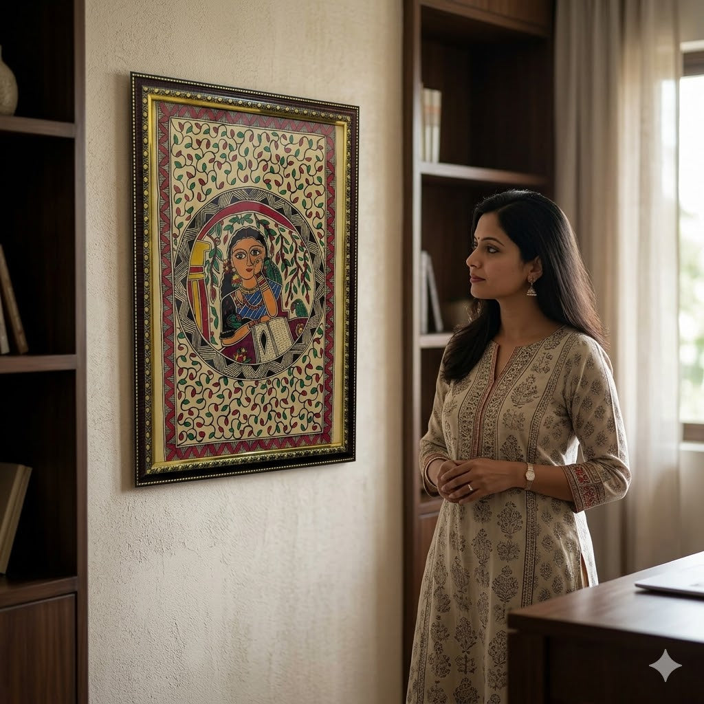 Traditional Madhubani painting featuring a contemplative woman, birds, and intricate botanical motifs for luxury interiors.