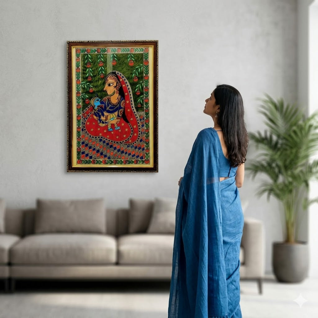 Yashoda Cradling Krishna in Madhubani Style