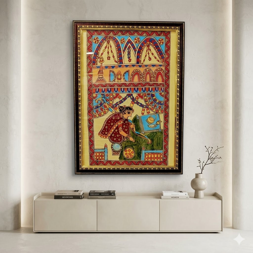 Handcrafted Madhubani folk artwork featuring ceremonial motifs, festive detailing, and traditional Indian storytelling aesthetics