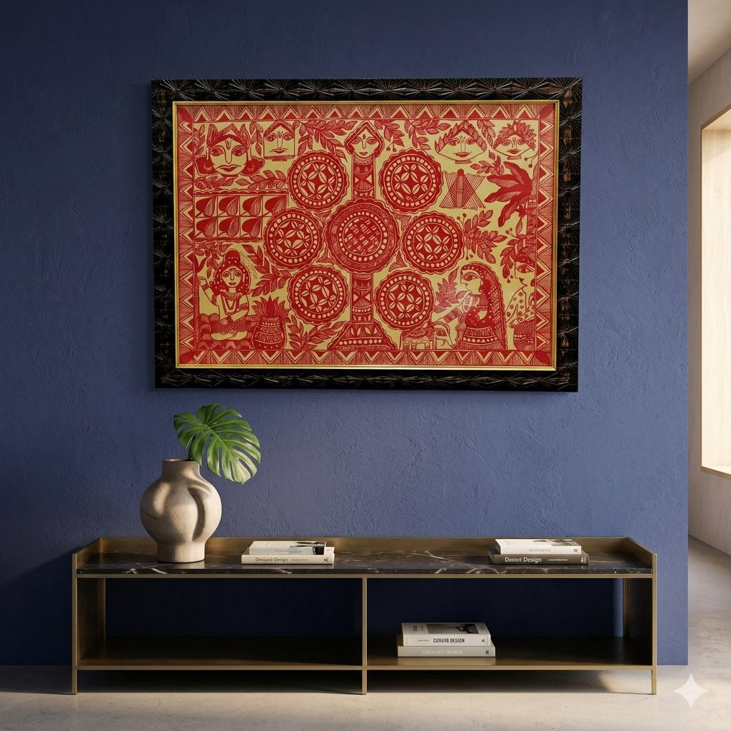 Red Monochrome Madhubani Tree of Life