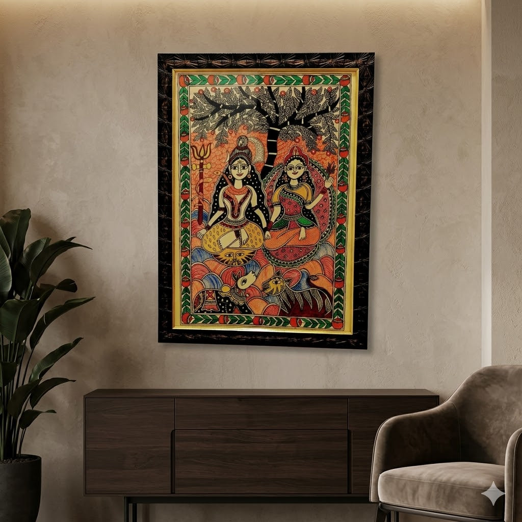Madhubani Painting of Shiva and Parvati Under the Sacred Tree
