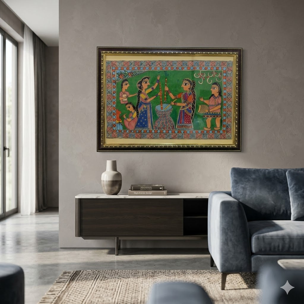 Traditional Madhubani Ritual Painting for Luxury Decor, Handcrafted Madhubani folk art featuring ceremonial women