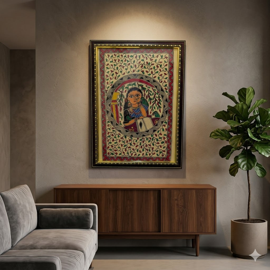 Traditional Madhubani painting featuring a contemplative woman, birds, and intricate botanical motifs for luxury interiors.