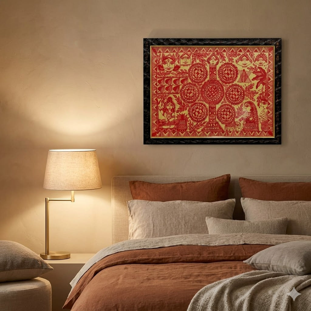 Red Monochrome Madhubani Tree of Life