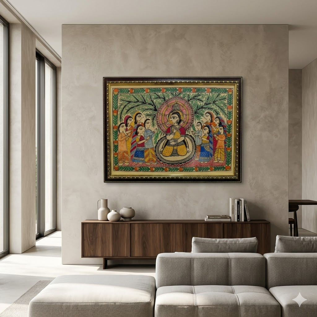 Handcrafted Madhubani artwork featuring ceremonial figures, bamboo motifs, and intricate Indian folk detailing for elegant interiors.