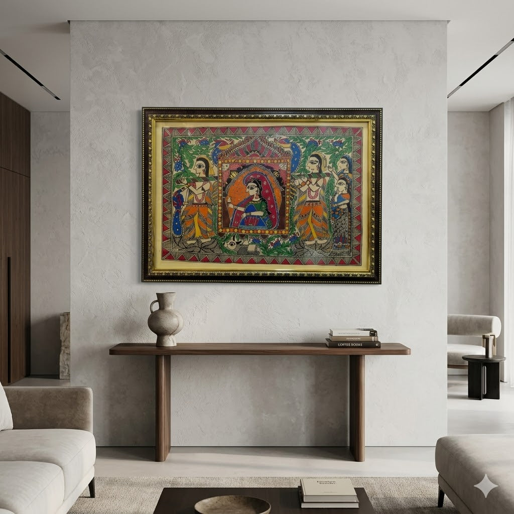 Handcrafted Madhubani-style painting featuring royal figures, birds, and folk motifs